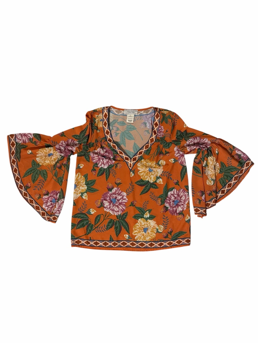 FLYING TOMATO Orange Floral V-Neck Blouse With Flowy Sleeve